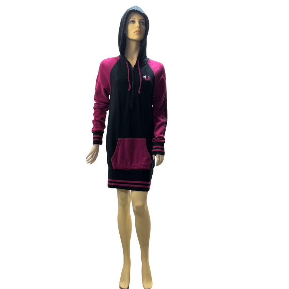 TRUE RELIGION Women's Half Zip Hoodie Dress Black & Pink Cotton Size M/M